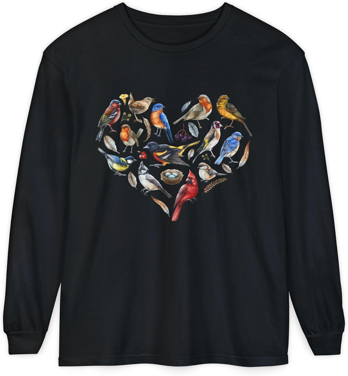 The Nerdy Birder Bird Heart Unisex Garment-Dyed Long Sleeve T-Shirt - Black