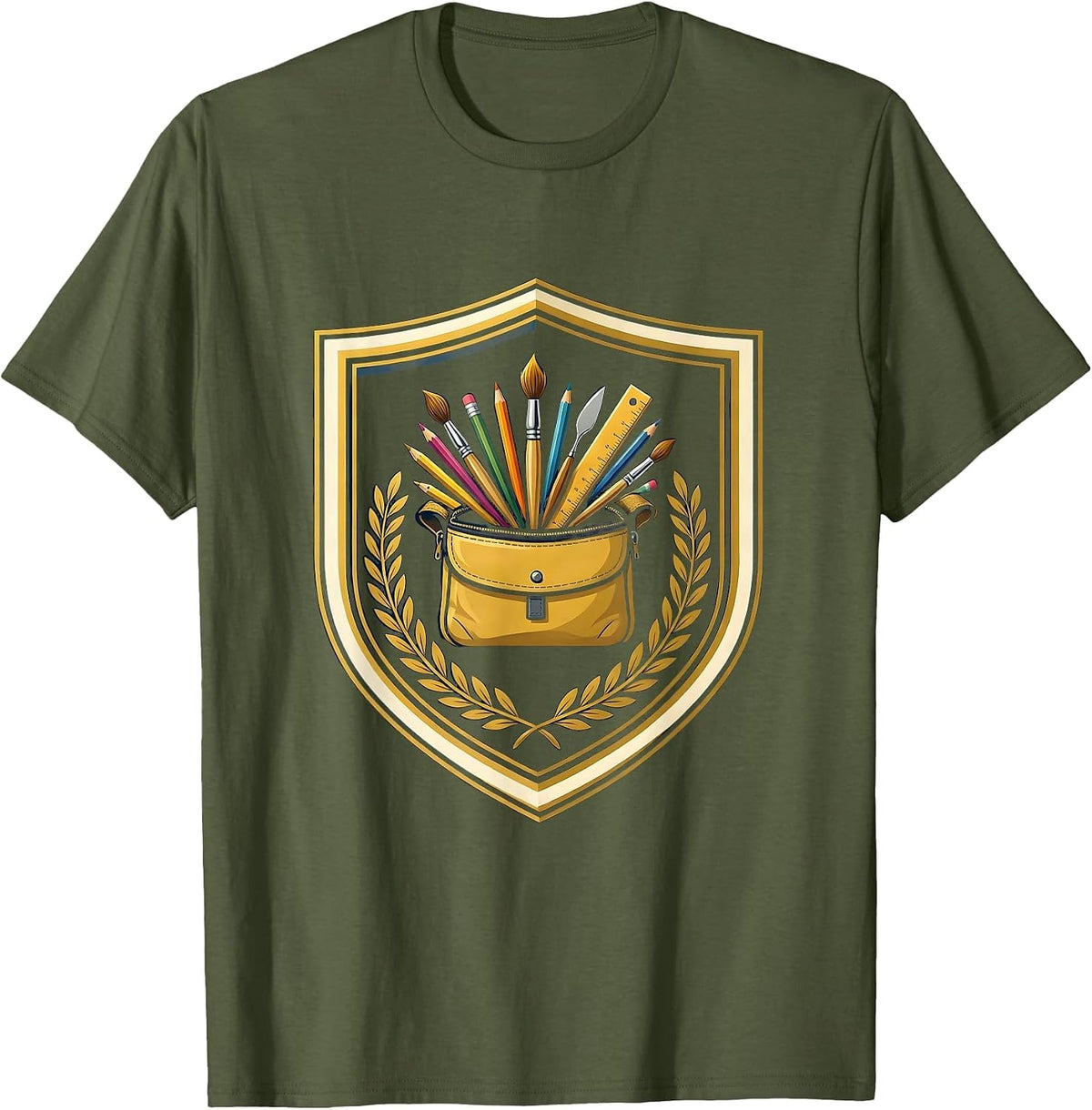 Men's Art Teacher Colorful Supply Bag Graphic T-Shirt - Olive Green