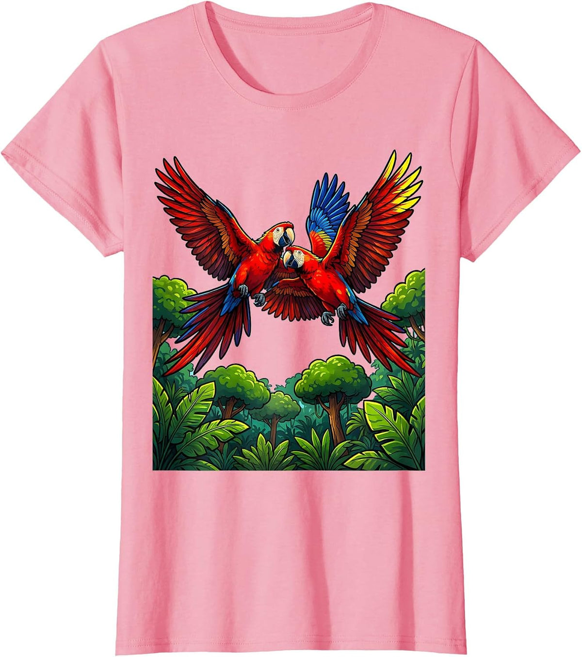 Women's Ecuador Macaw Pair Flying Over Jungle Canopy T-Shirt - Pink