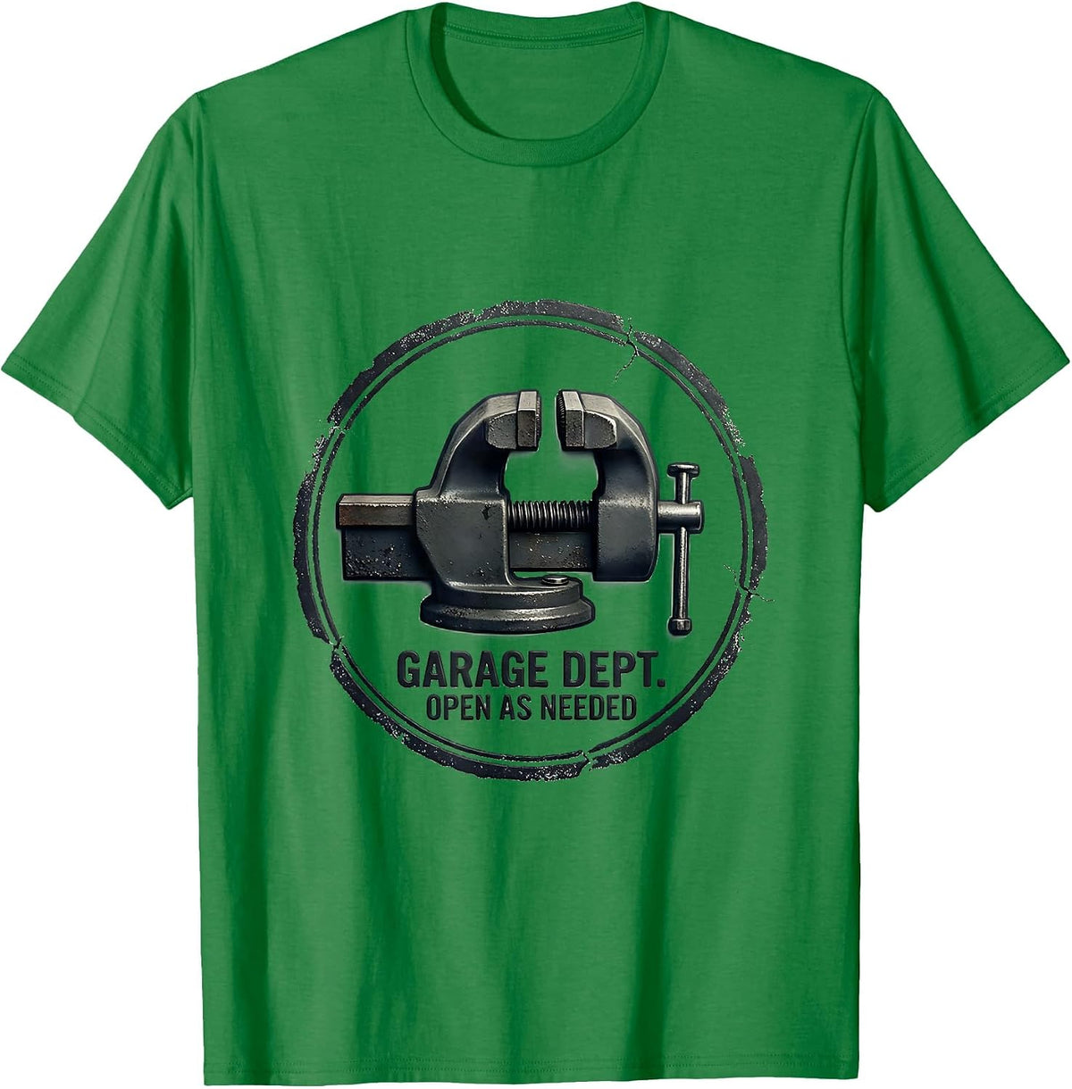 Men's Garage Dept. Open As Needed Rubber Stamp Dad Joke Mechanic T-Shirt - Kelly Green