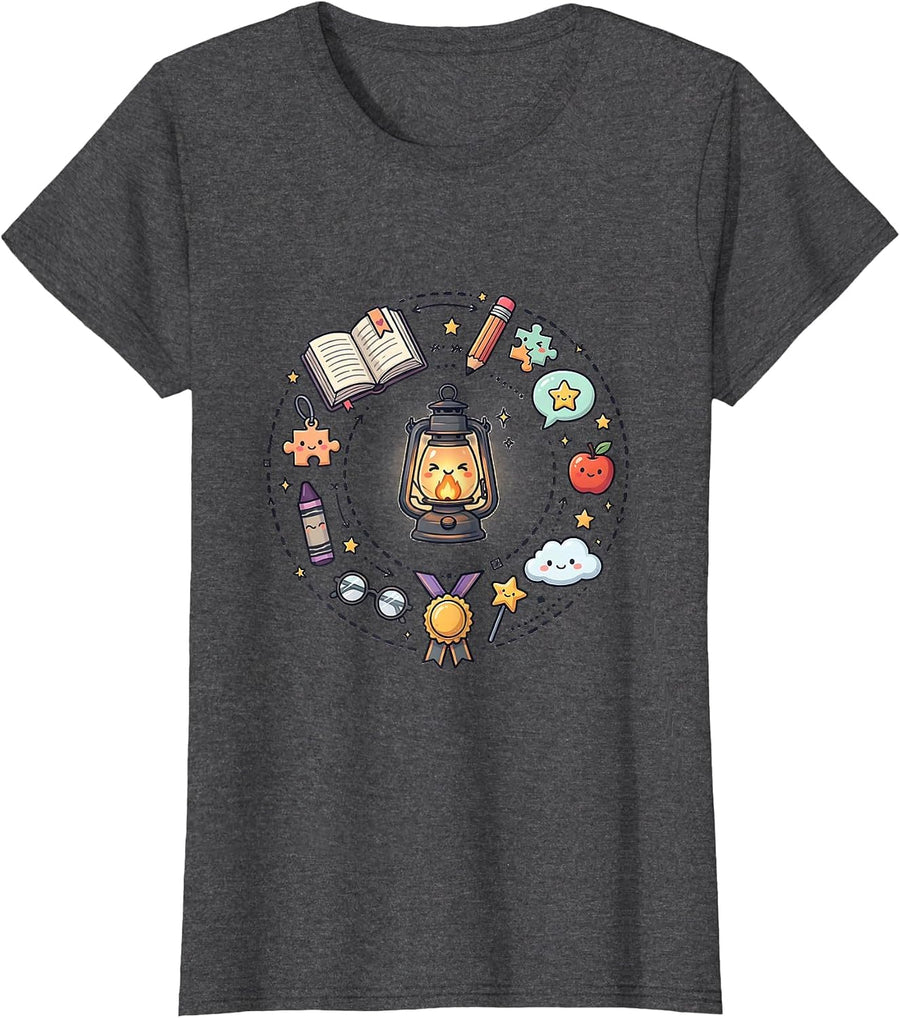 Women's Special Education Teacher Glowing Lantern Art T-Shirt - Dark Heather Grey