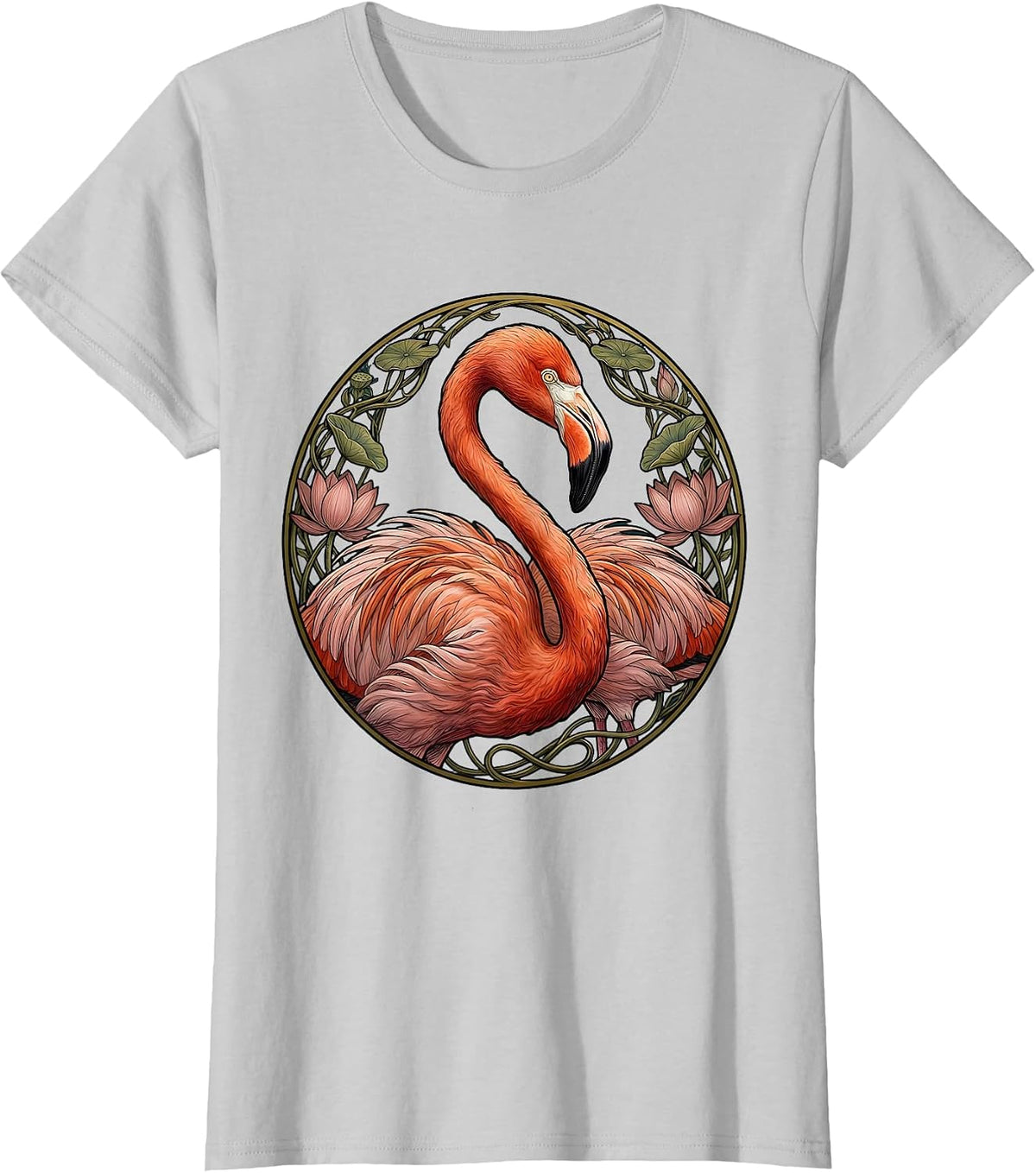 Women's Flamingo Crescent Moon Neck Curl Illustration T-Shirt - Silver Grey