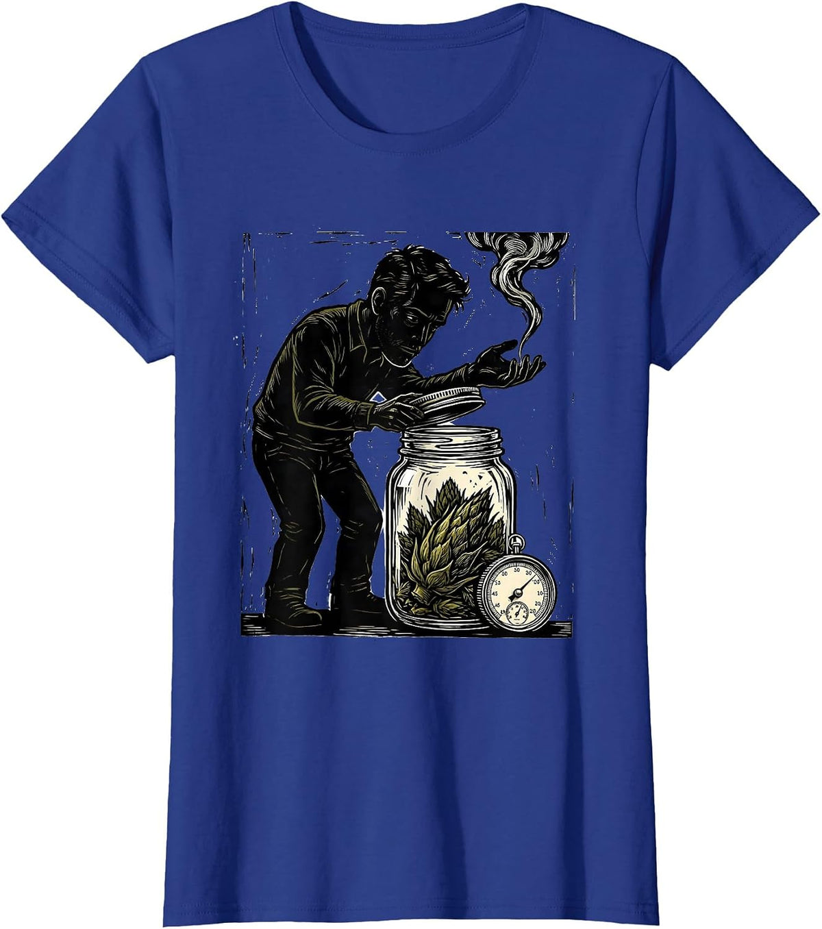 Women's Curing Jar Bud Linocut Stoner Cannabis Humor Novelty T-Shirt - Royal Blue