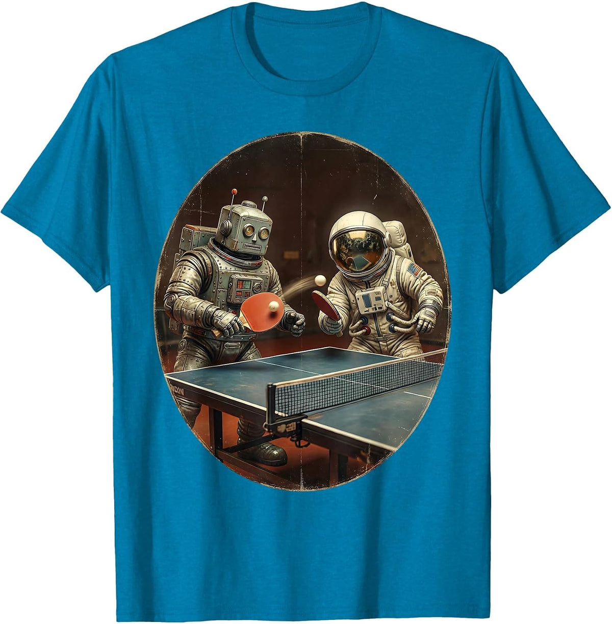 Robot and Astronaut Ping Pong Graphic T-Shirt - Sapphire Blue