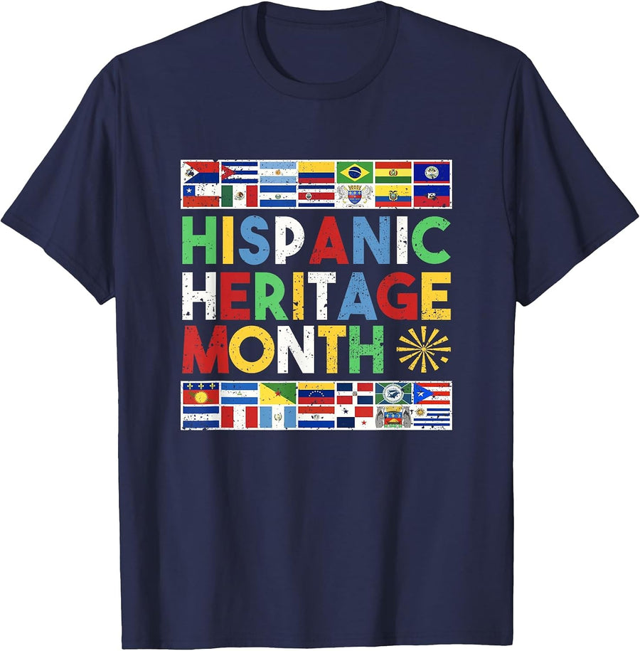 Hispanic Heritage Month Distressed Flags Tees T Shirts for Men Women Kids - Navy Blue