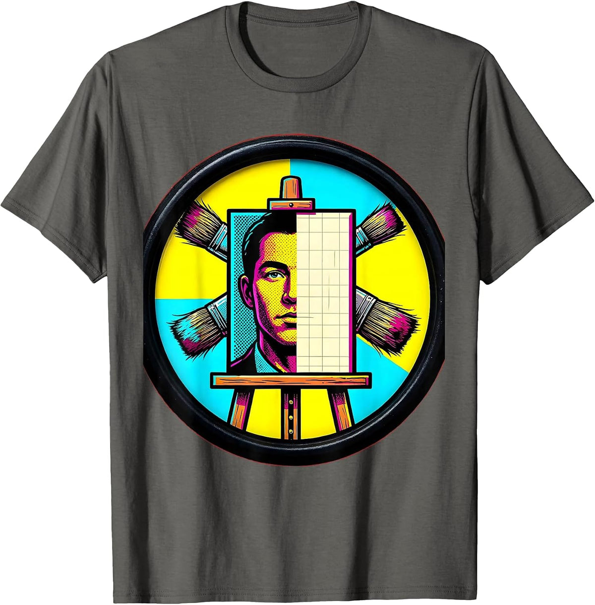 Half-Finished Portrait Canvas Painter Art Design T-Shirt - Asphalt Grey