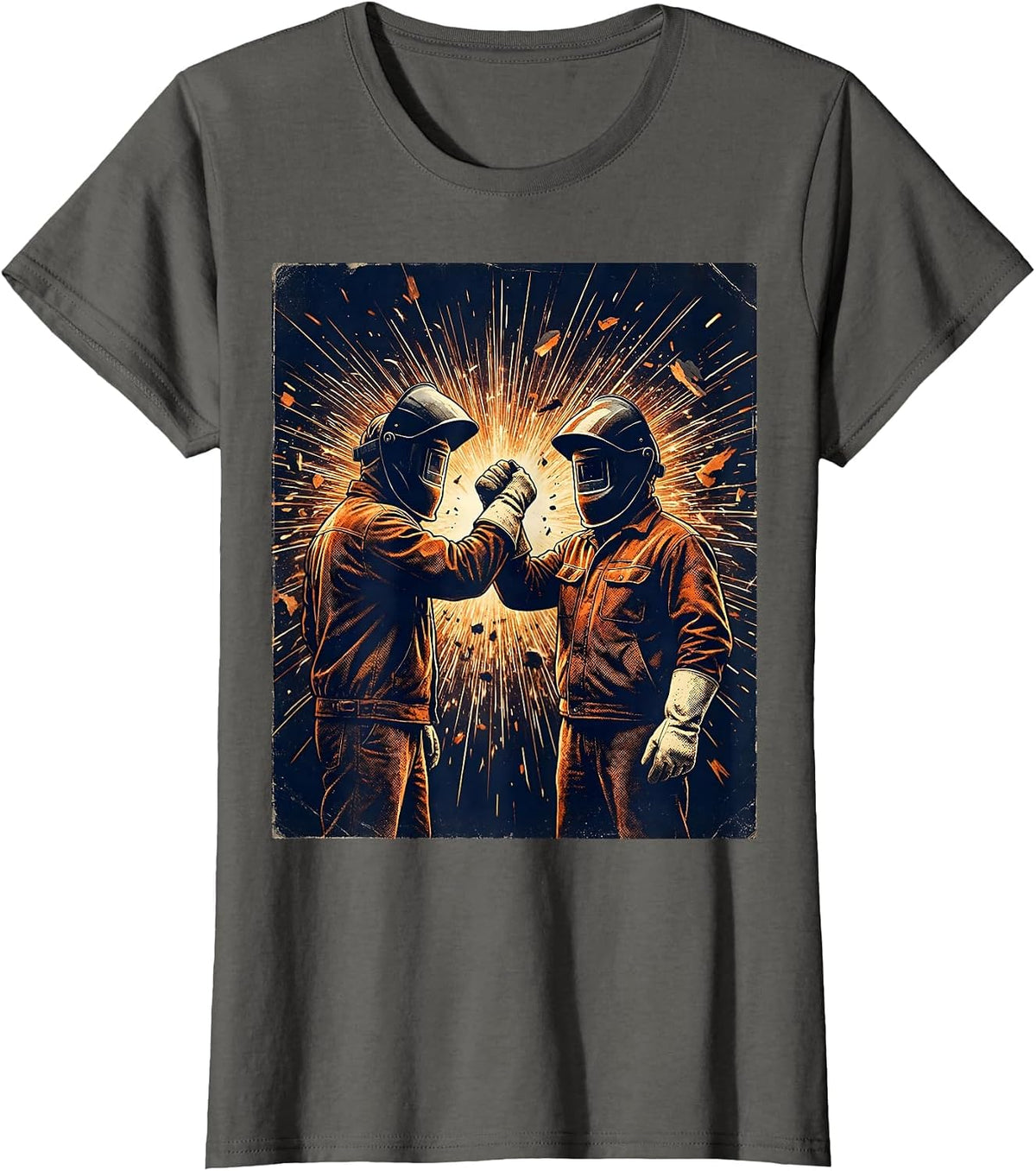 Women's Welder Fist Bump Sparks Graphic Tee T-Shirt - Asphalt Grey