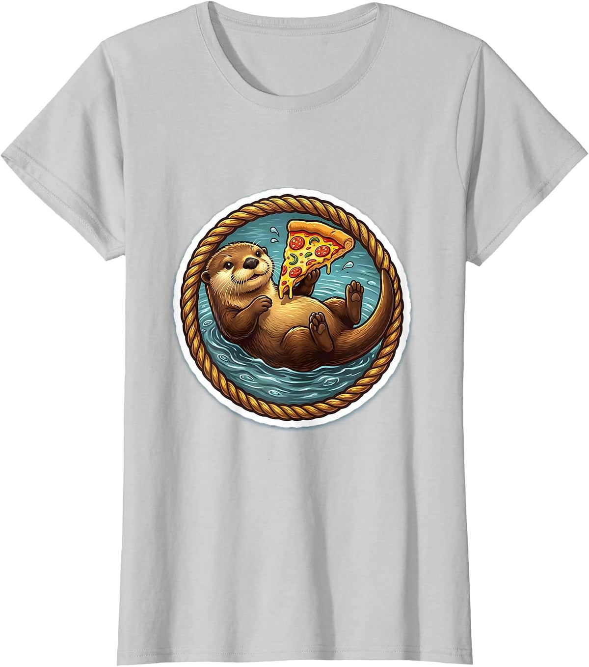 Otter Floating On Back Eating Pizza Graphic T-Shirt - Silver Grey