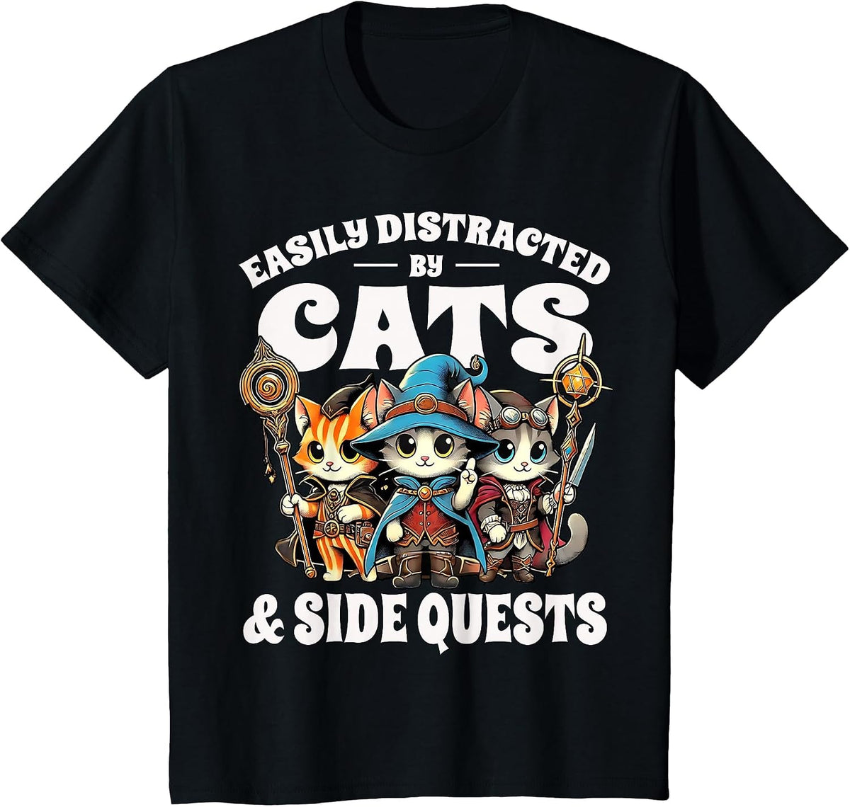 Nerdy Cat Adventures Side Quest Gamer Kitty Cats T-Shirt - Black