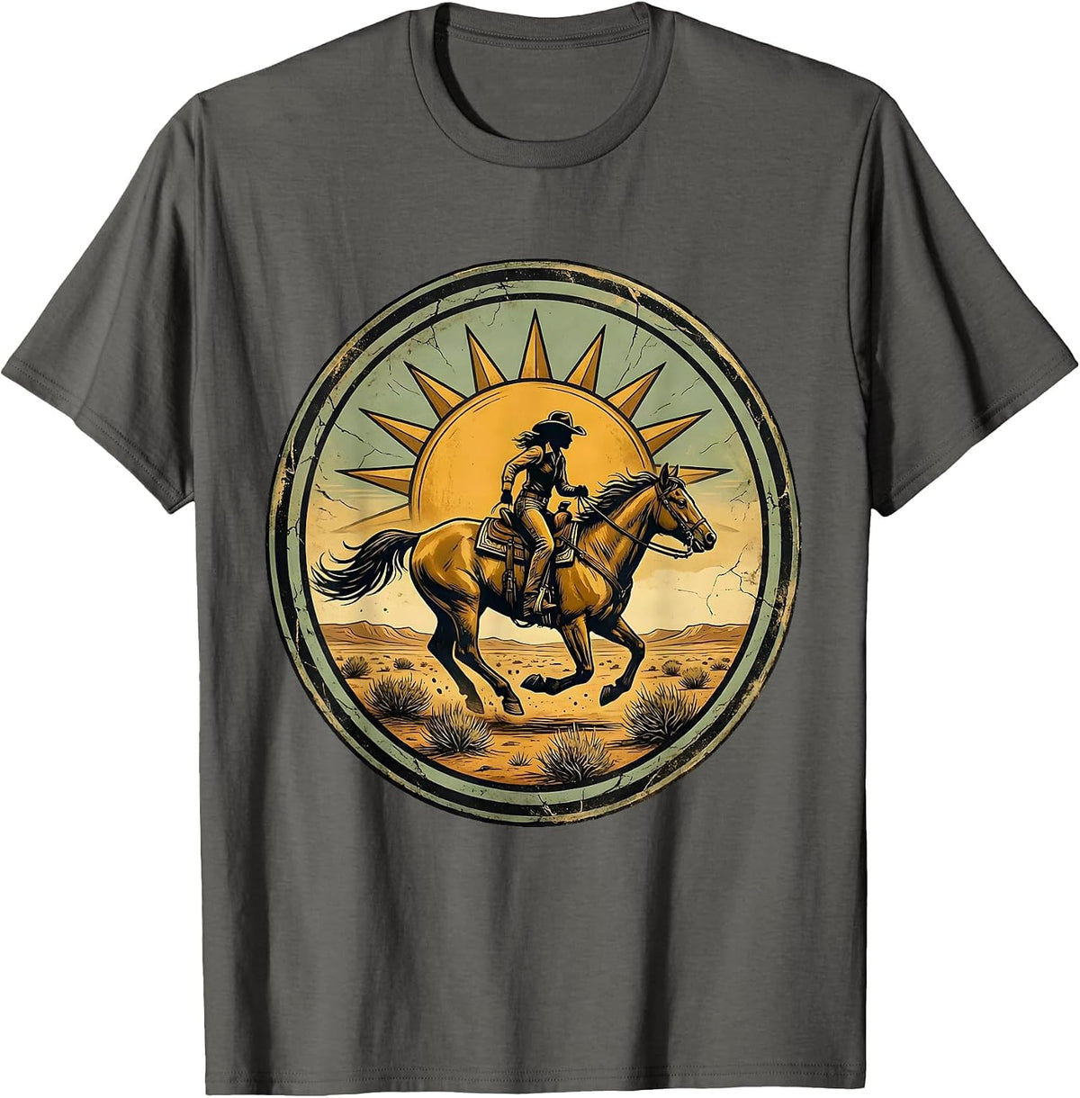 Men's Cowgirl on Horseback Chasing Tumbleweeds T-Shirt - Asphalt Grey