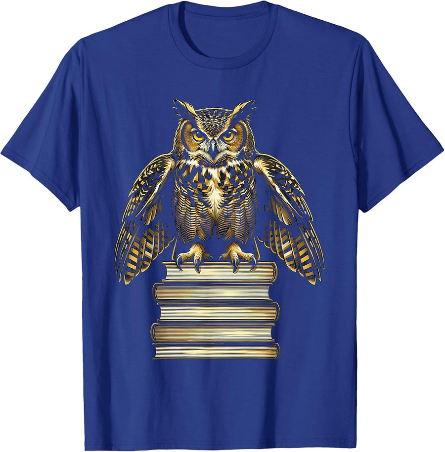 Vintage Librarian Owl Perched on Book Stack T-Shirt - Royal Blue