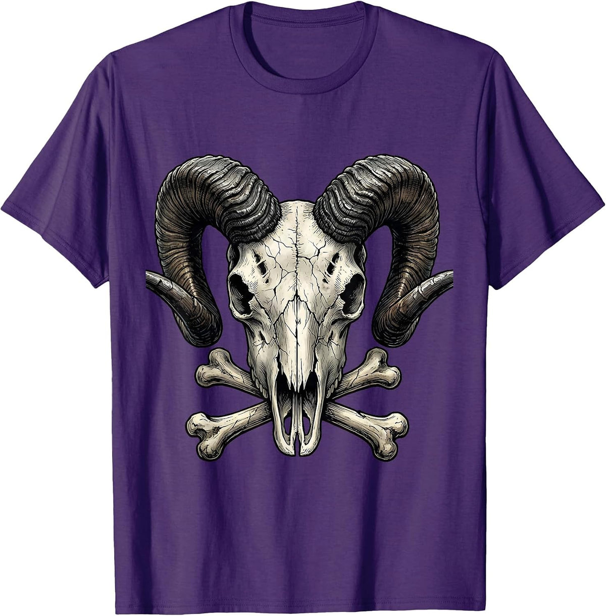 Horned Ram Skull Iron Horns Metal Graphic T-Shirt - Purple