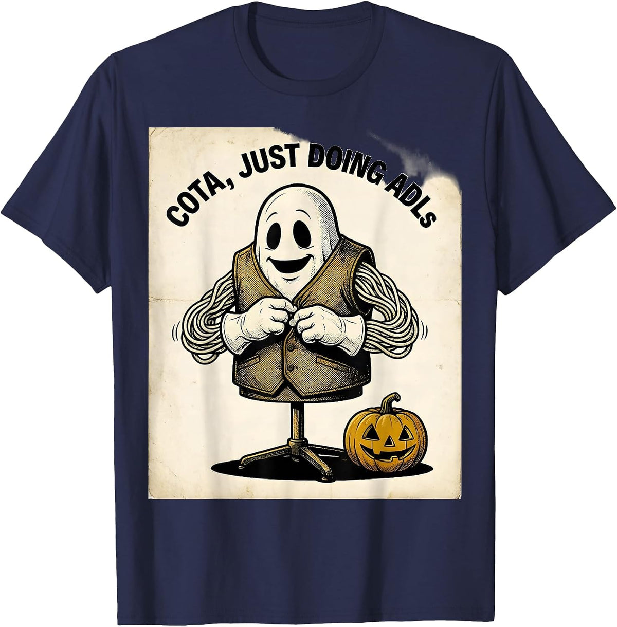 COTA Just Doing ADLs Retro Cartoon Ghost Physical Therapy T-Shirt - Navy Blue