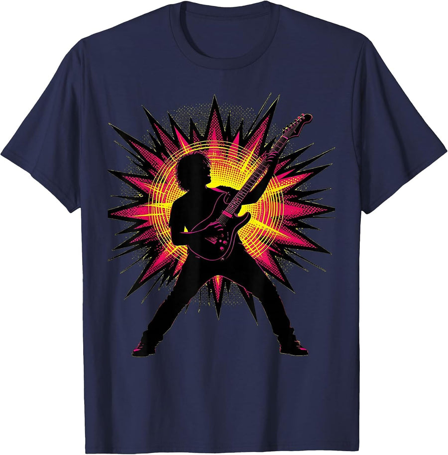 Rocker Silhouette Explosion Graphic Tee T-Shirt - Navy Blue