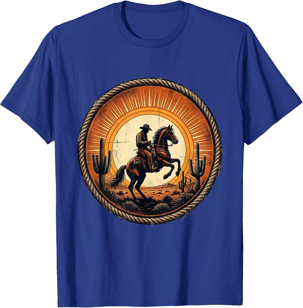 Men's Cowboy Silhouette Riding Horse at Sunset T-Shirt - Royal Blue