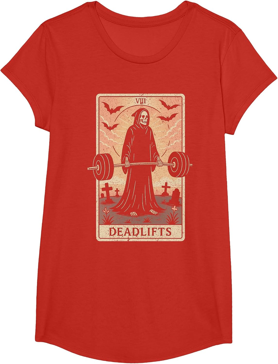 Tarot Card Deadlifts Grim Reaper Weightlifting Workout Gym T-Shirt - Girls Red