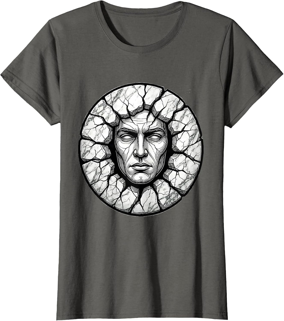 Women's Human Face Emerging From Cracked Marble Slab T-Shirt - Asphalt Grey