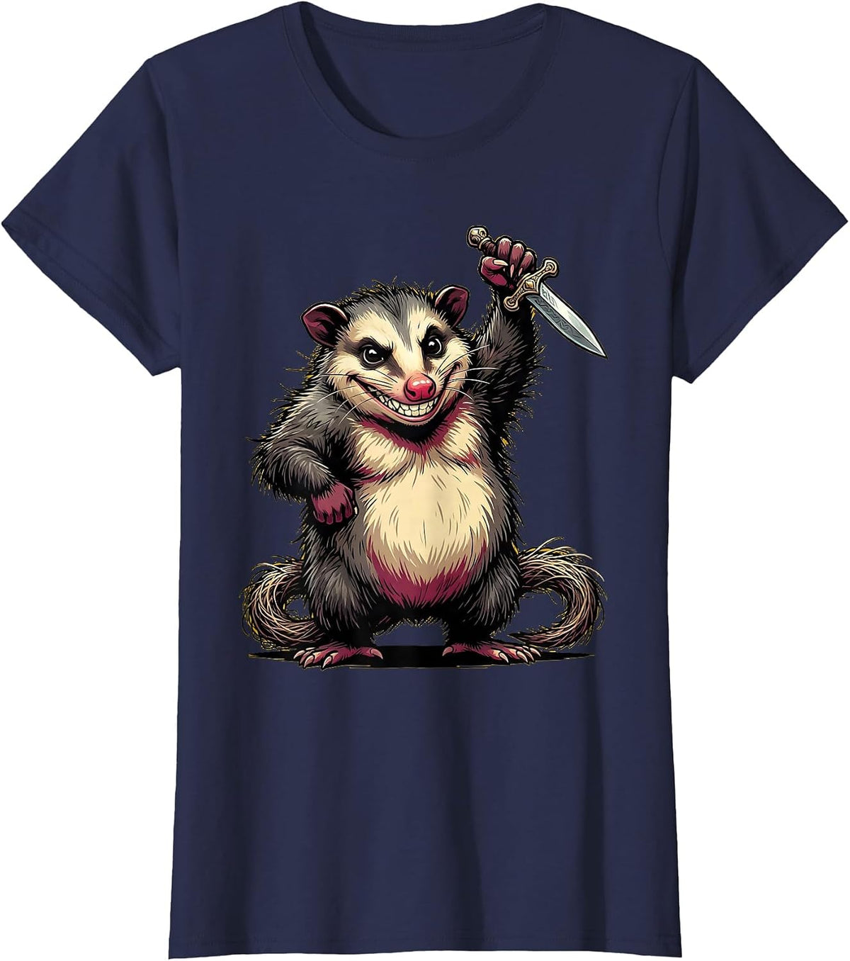 Women's Opossum Holding a Tiny Dagger Illustration T-Shirt - Navy Blue