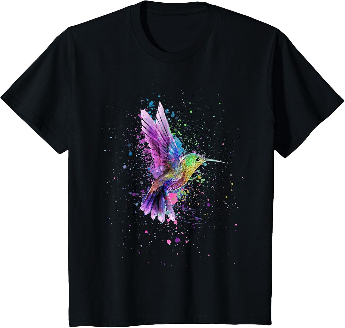 Hummingbird Watercolor Art Design T-Shirt - Black