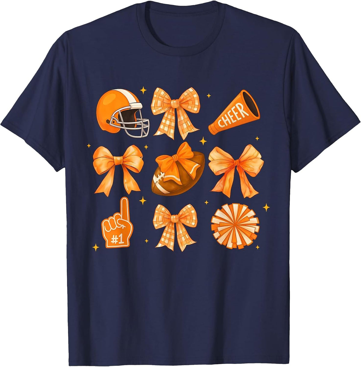 Orange Football Game Day Coquette Bow Touchdown Season T-Shirt - Navy Blue