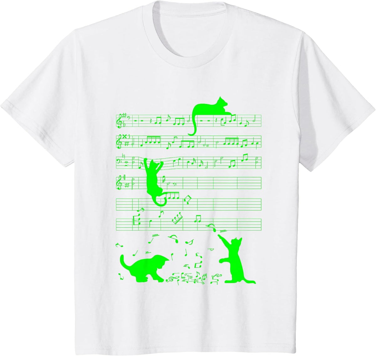 Cute Cats Green Musical Notes Musician Art T-Shirt - White