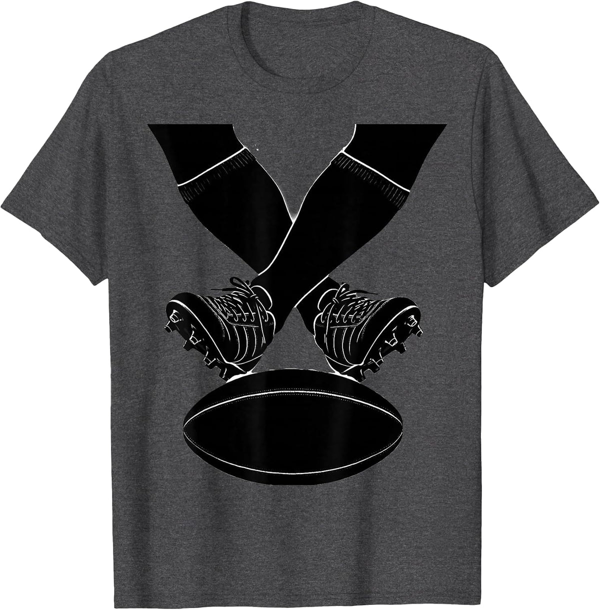 Crossed Rugby Boots and Ball Graphic Design T-Shirt - Dark Heather Grey