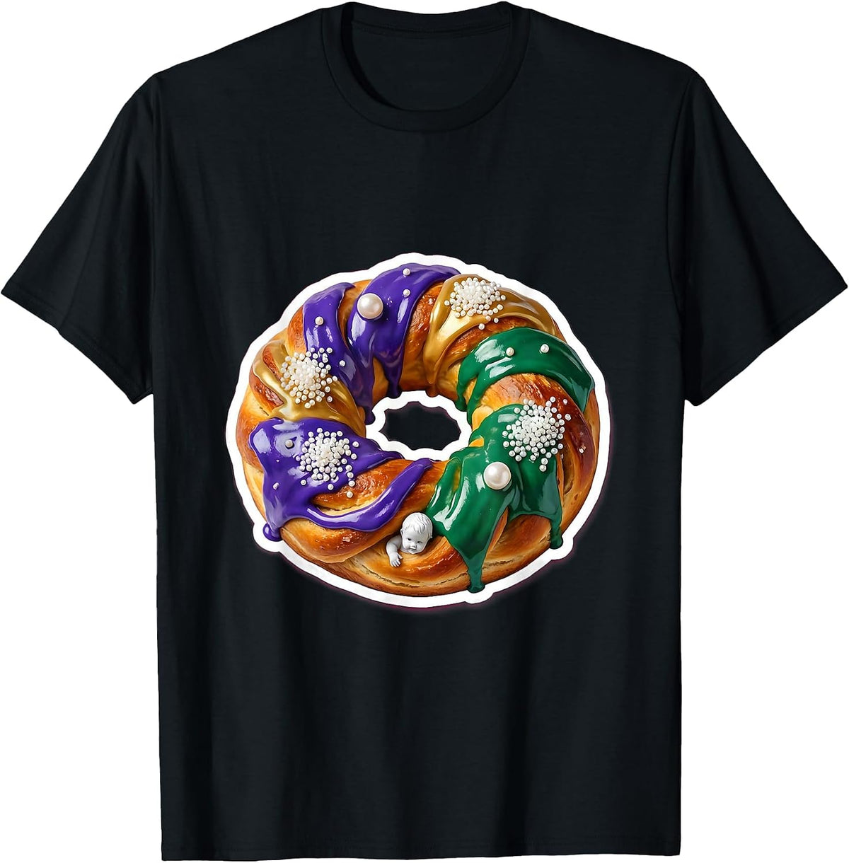 Men's Mardi Gras King Cake Purple Gold Green Icing T-Shirt - Black
