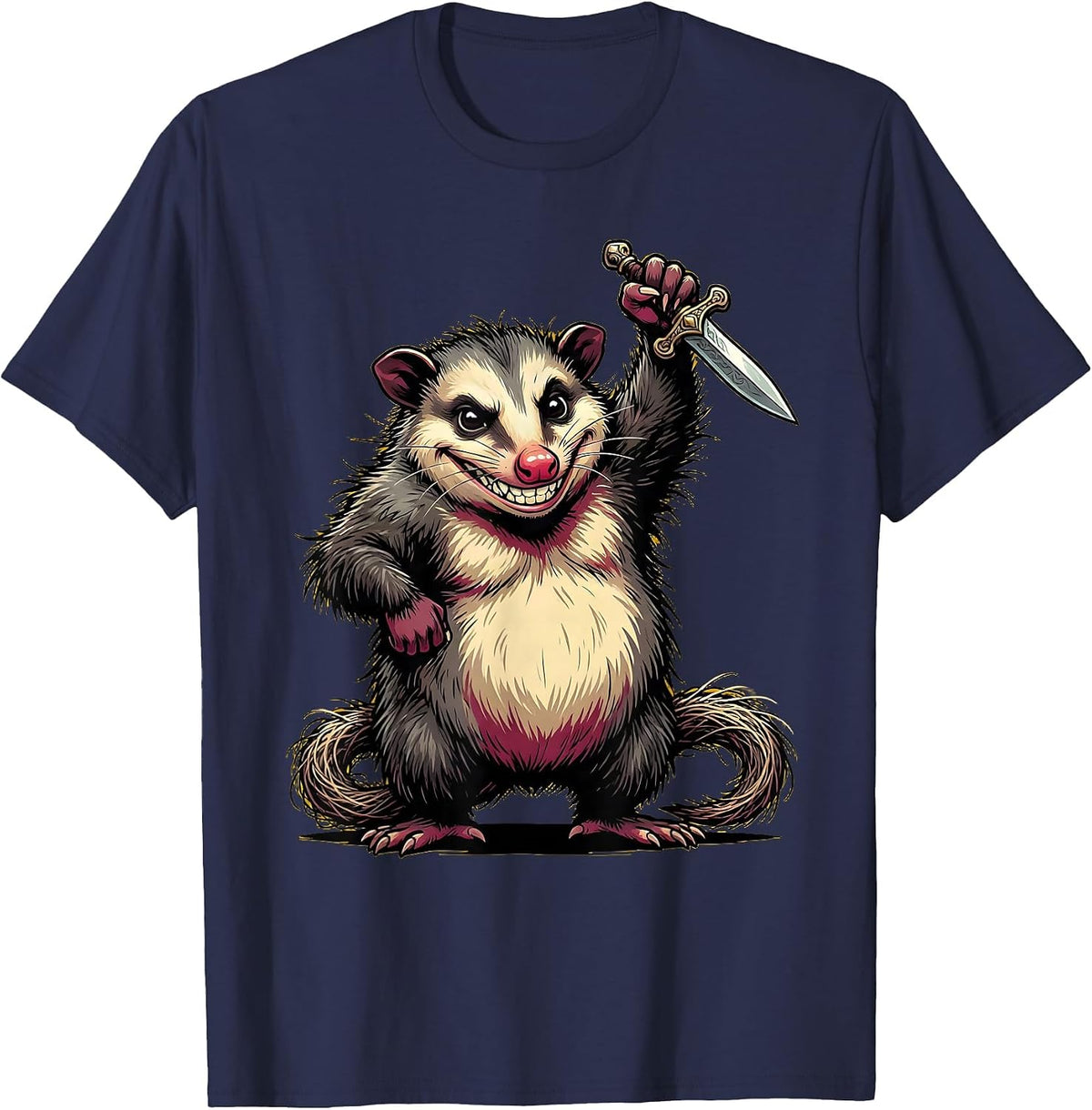 Men's Opossum Holding a Tiny Dagger Illustration T-Shirt - Navy Blue