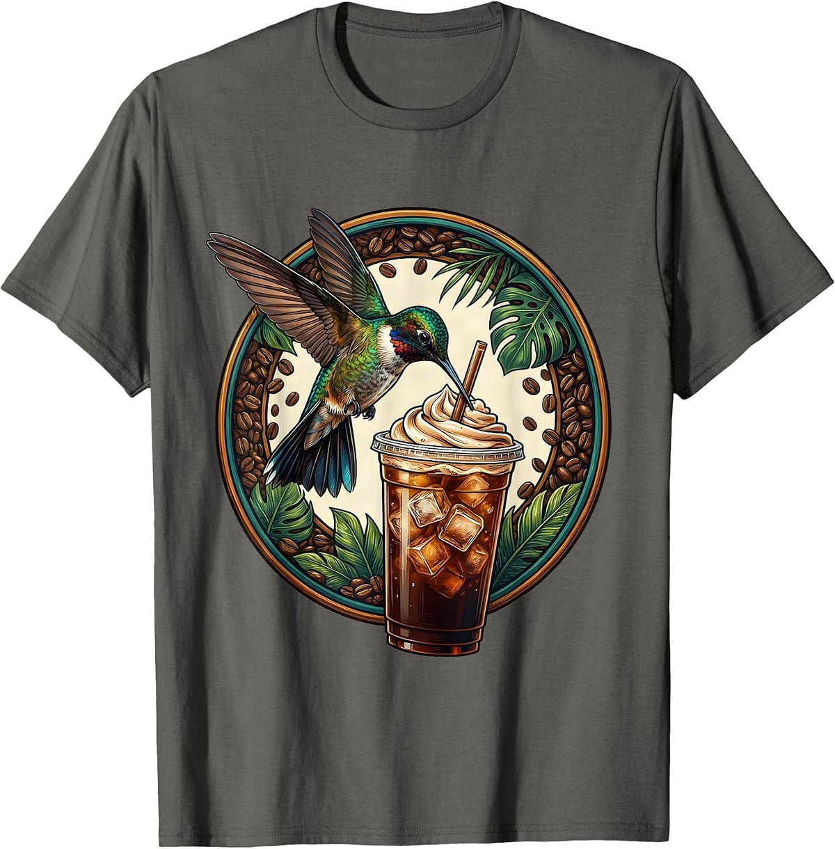 Men's Hummingbird Iced Coffee Lover Graphic Tee T-Shirt - Asphalt Grey
