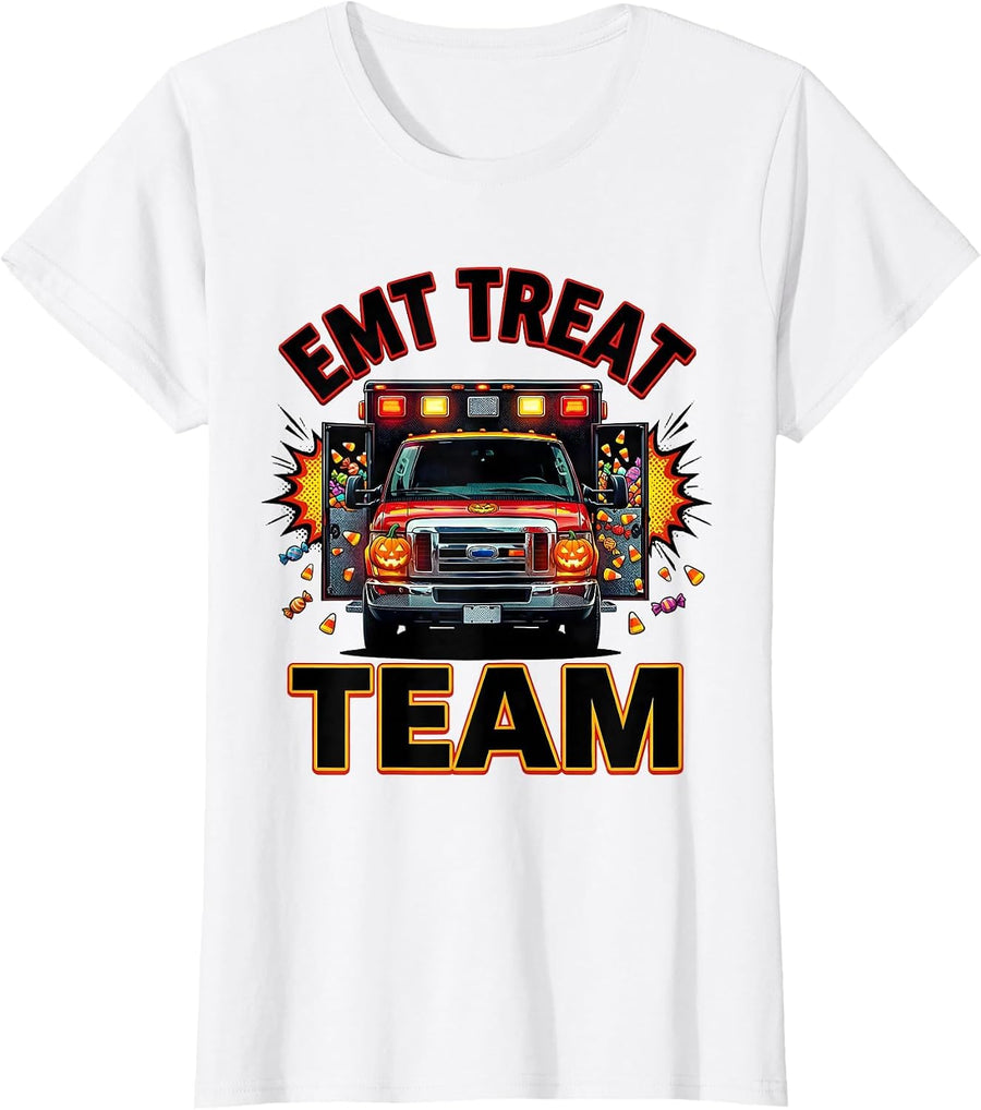 Women's EMT Treat Team Pop Art Halloween Medical Crew Humor T-Shirt - White