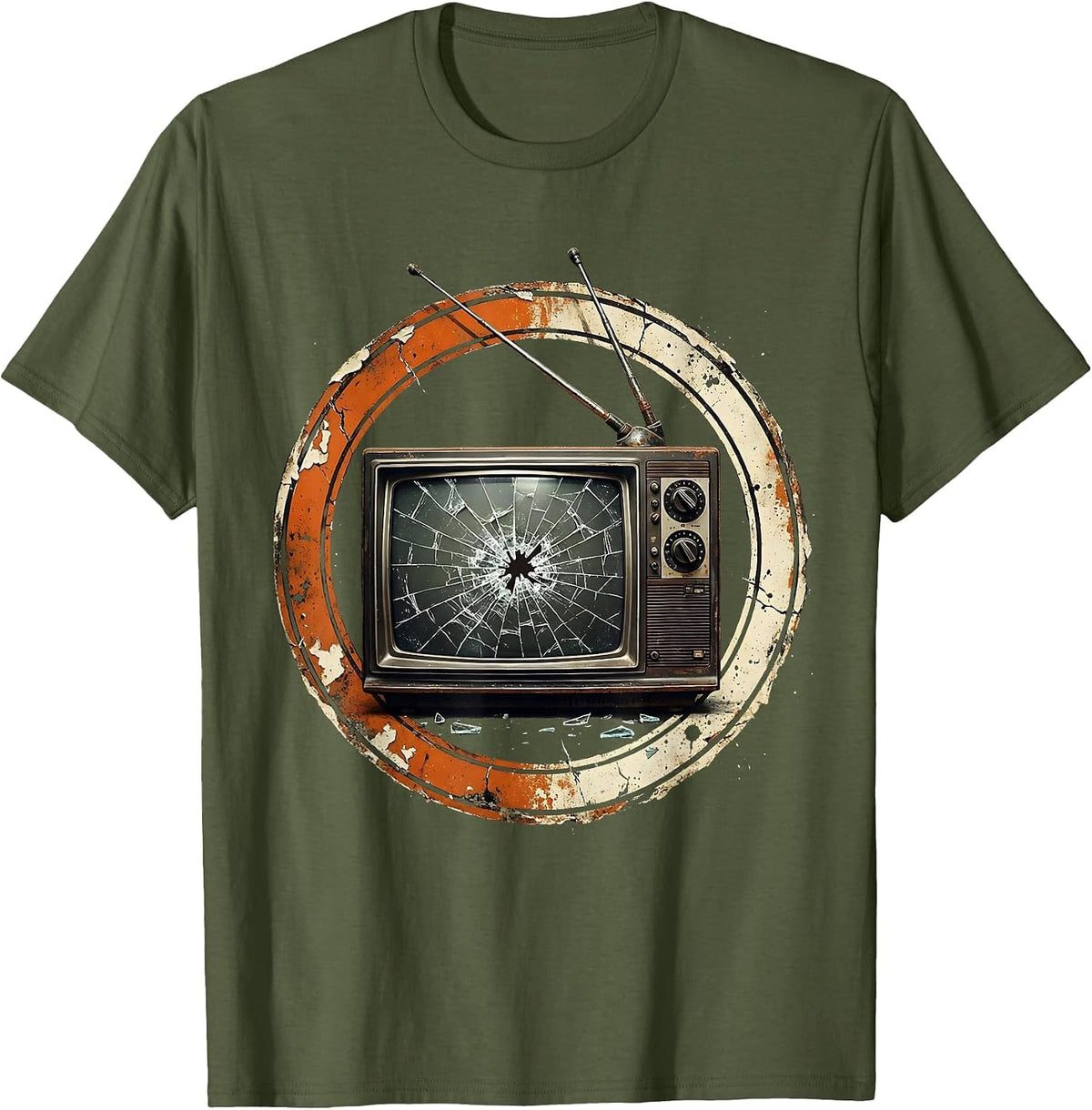 Vintage Smashed TV Grunge Retro Art Design T-Shirt - Olive Green