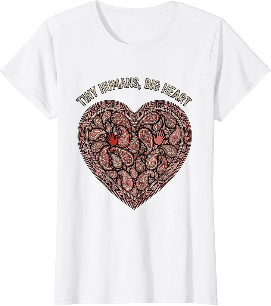 Women's Tiny Humans Big Heart Daycare Teacher Design T-Shirt - White