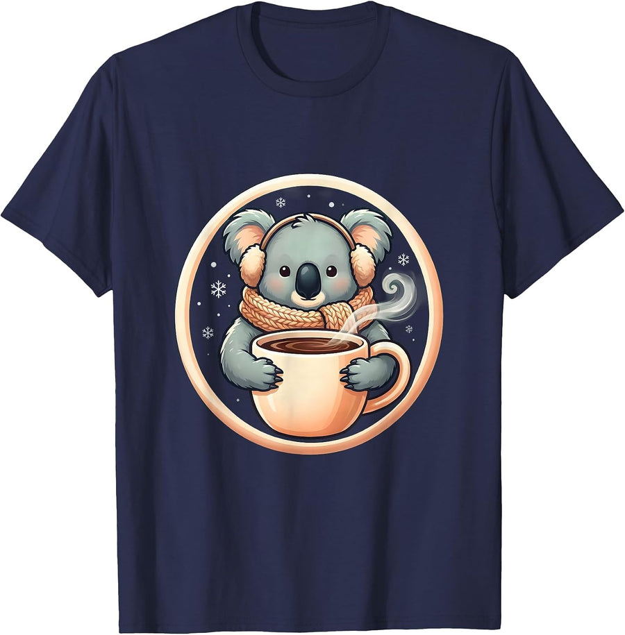 Koala Cocoa Badge Cute Kawaii Christmas Coffee Lover Winter T-Shirt - Navy Blue