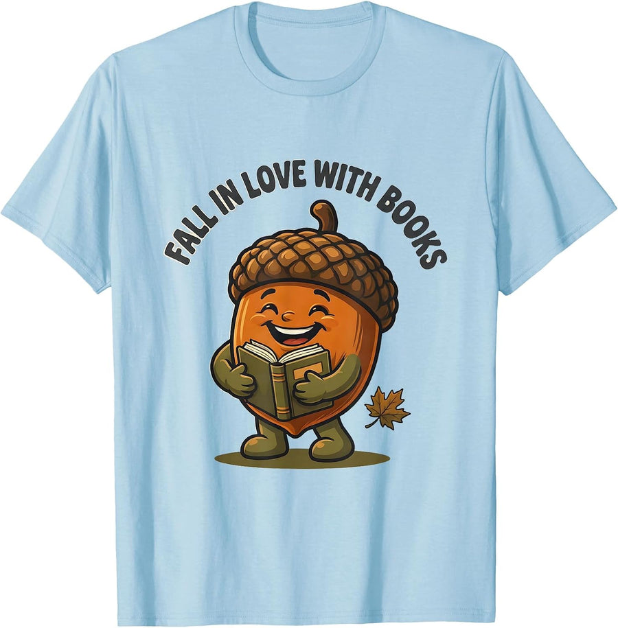 Men's Fall In Love With Books Cartoon Teacher Fall Halloween T-Shirt - Baby Blue