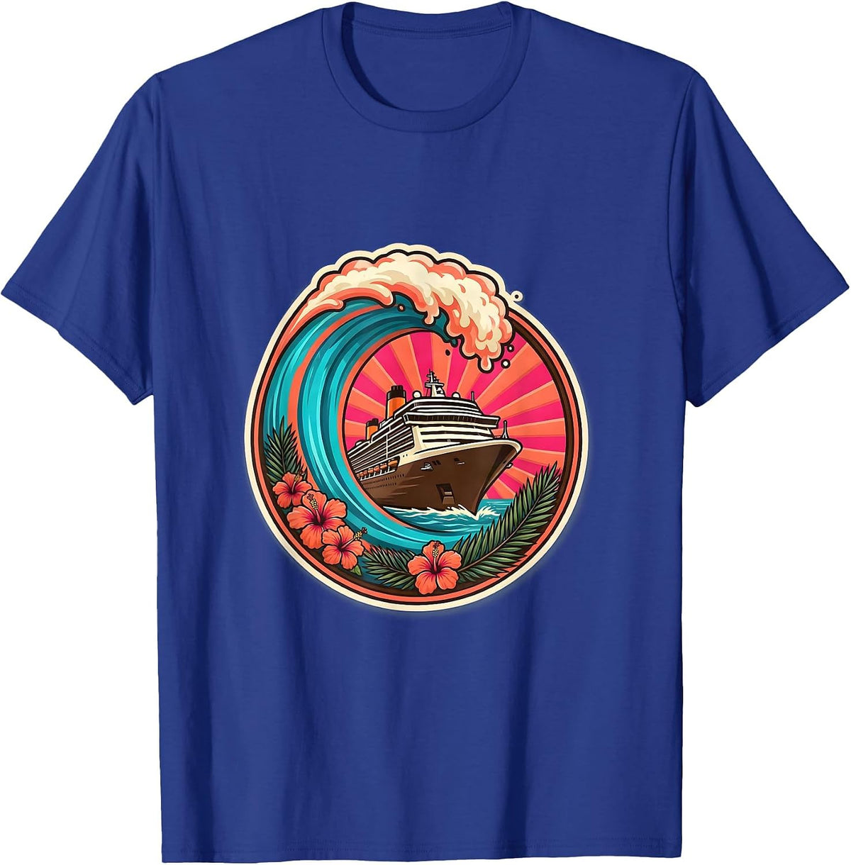 Men's Family Cruise Giant Wave Curling Ship Bow Graphic T-Shirt - Royal Blue