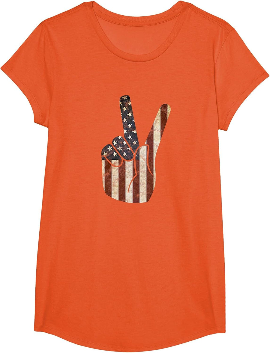Patriotic Peace Sign & USA Stars & Stripes Flag T-Shirt T-Shirt - Girls Orange