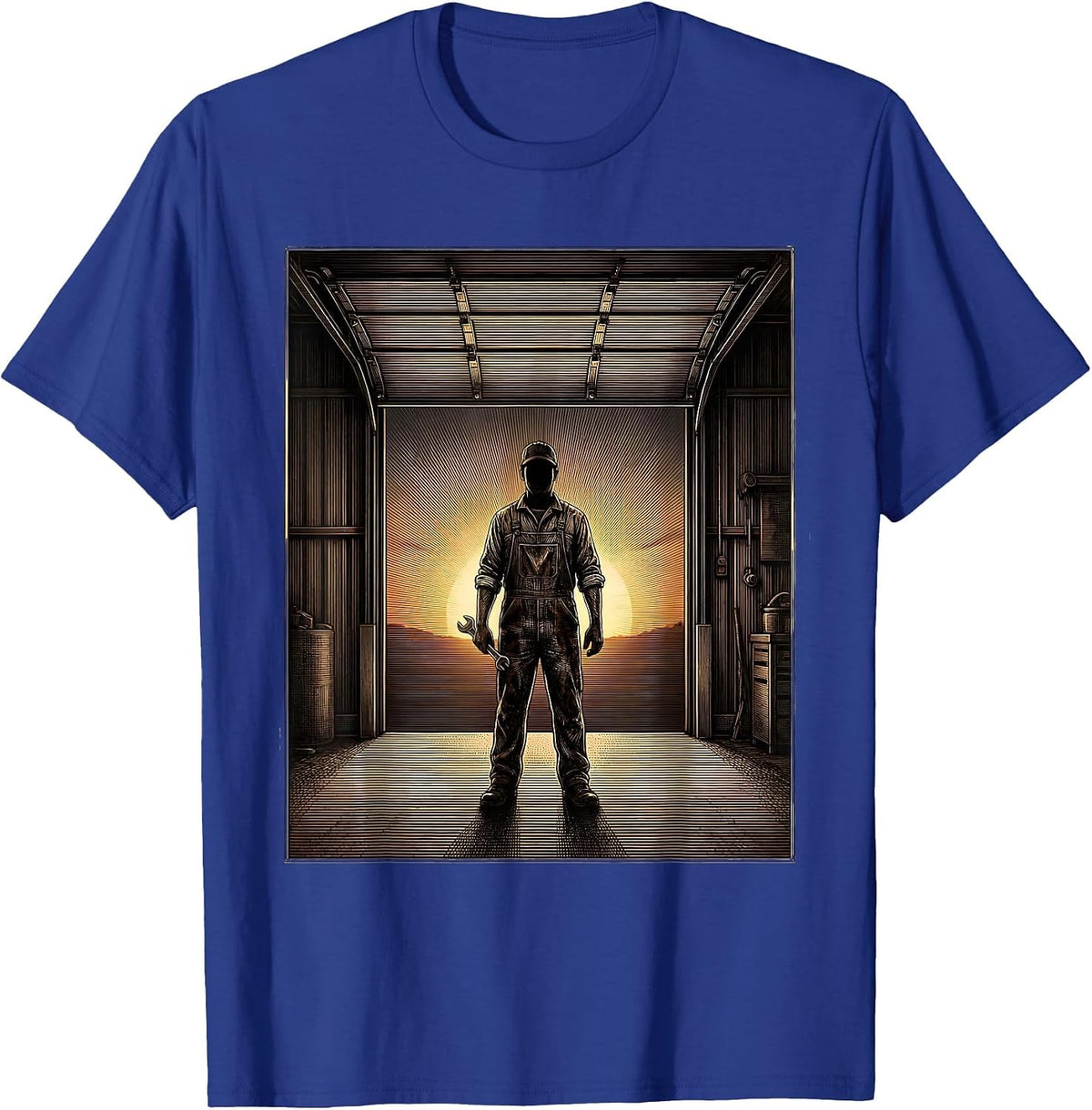 Mechanic Silhouette Garage Sunset Graphic T-Shirt - Royal Blue