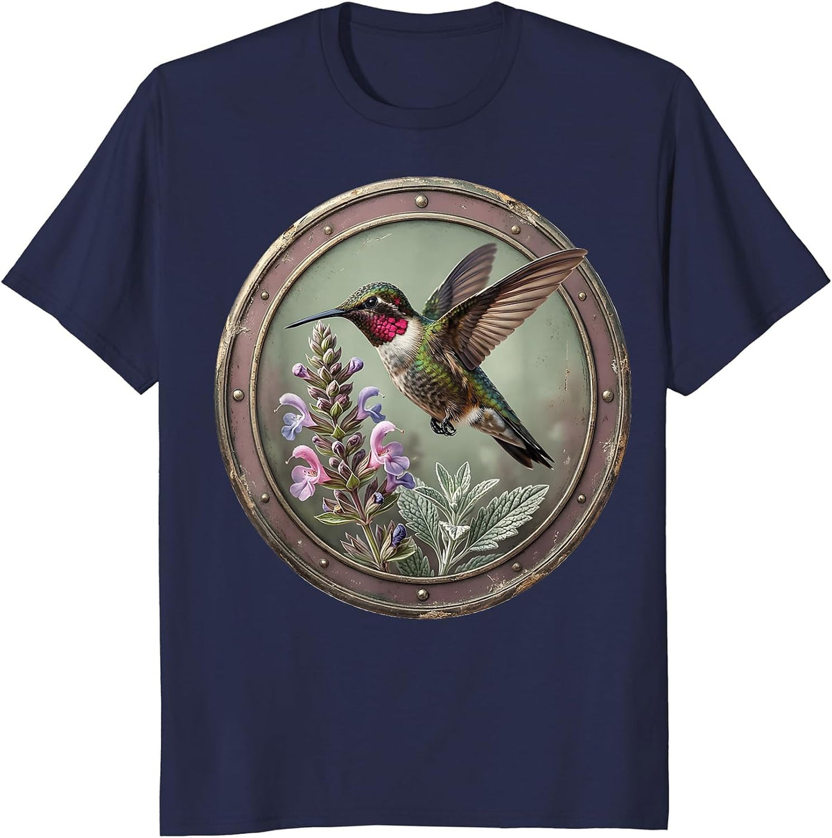 Hummingbird Texas Sage Bloom Wildflower Design T-Shirt - Navy Blue