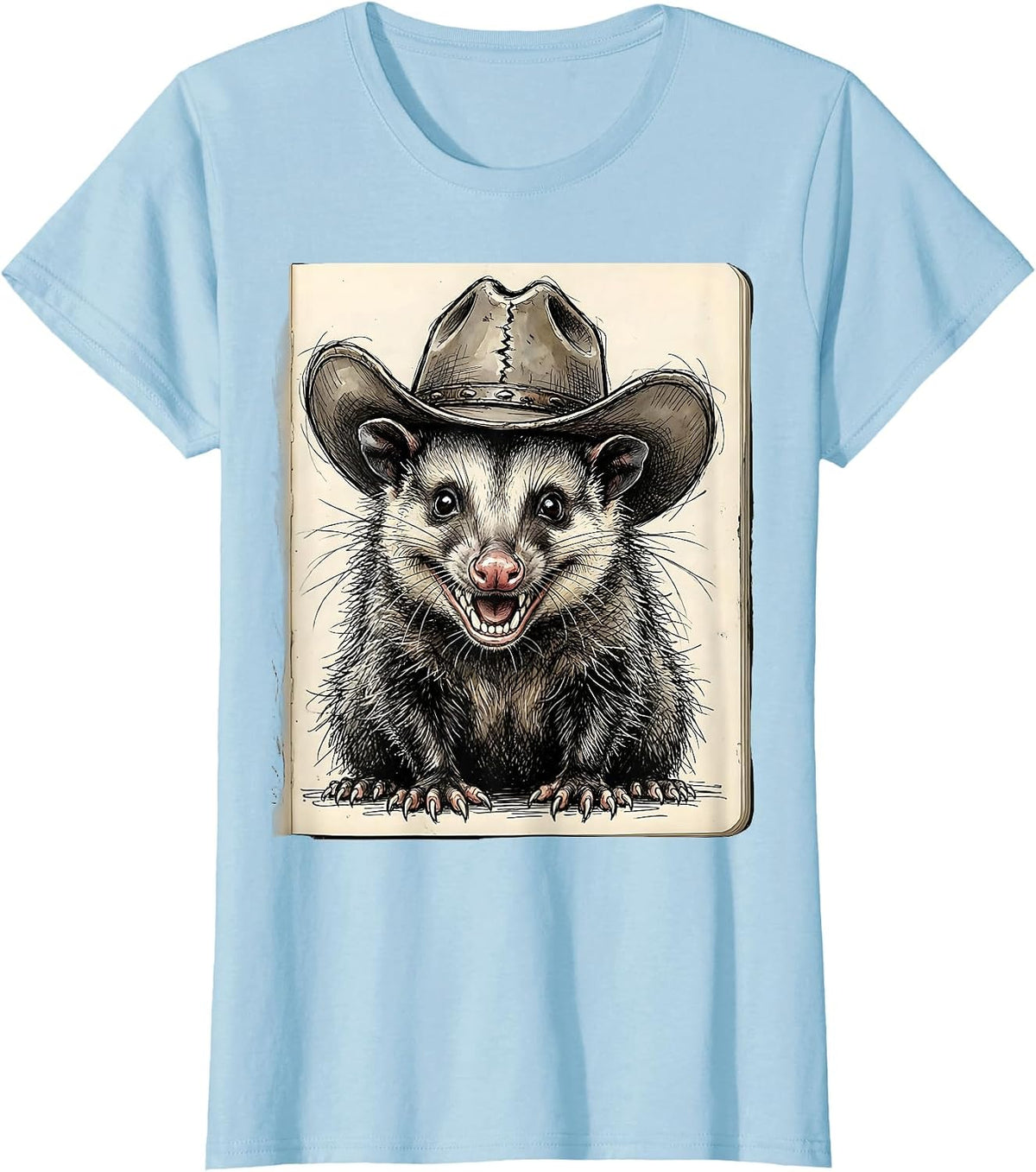 Cowboy Opossum Cute Funny Western Wildlife Art T-Shirt - Baby Blue