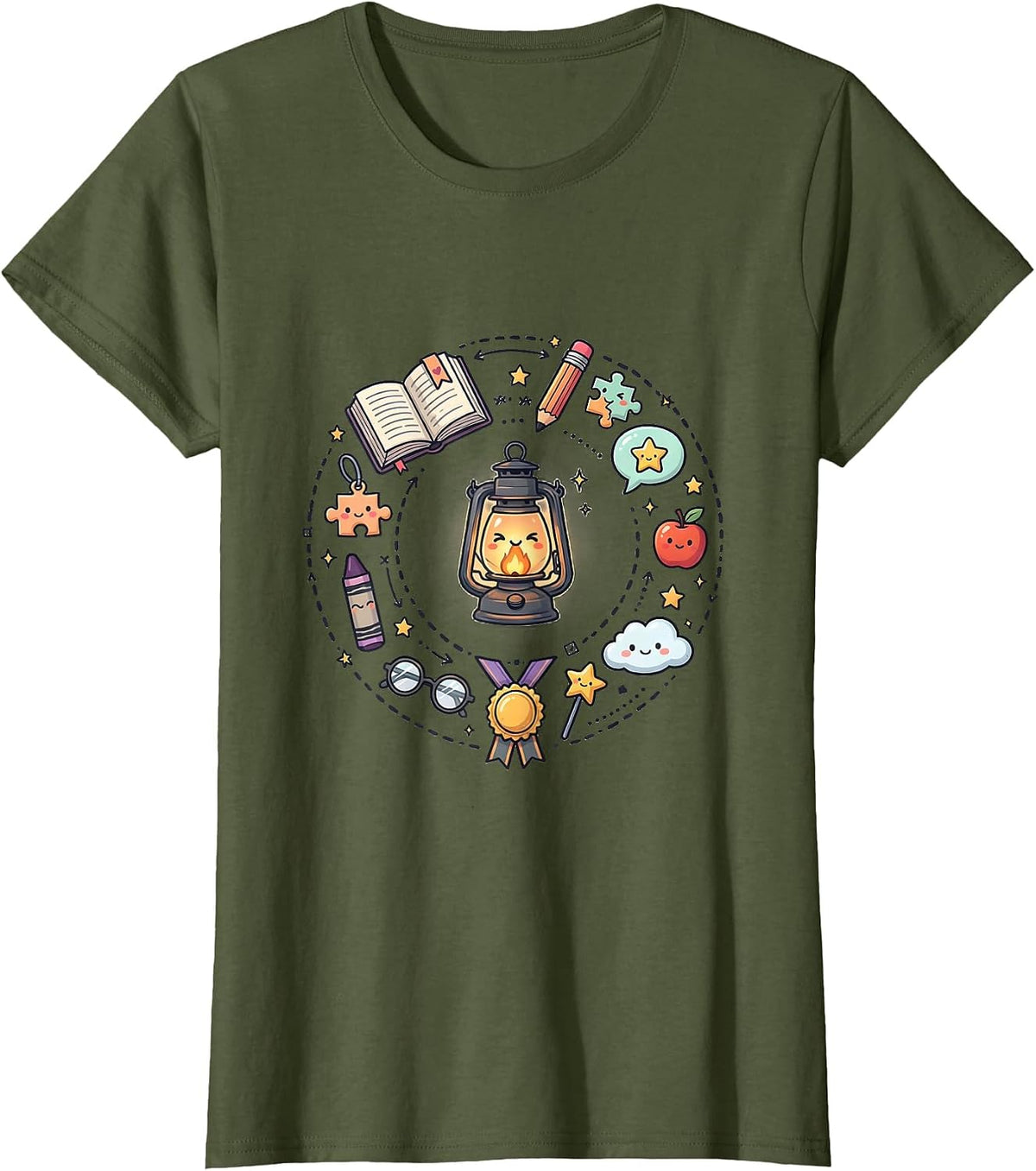 Women's Special Education Teacher Glowing Lantern Art T-Shirt - Olive Green