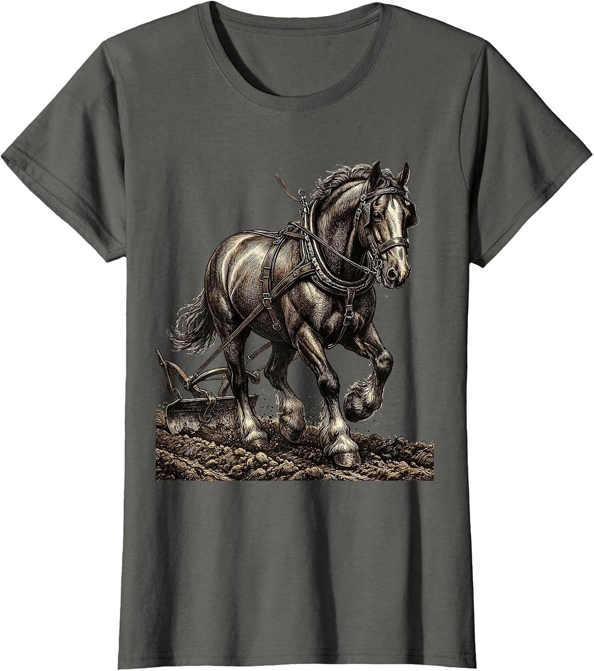 Women's Draft Horse Plowing Field Graphic Tee T-Shirt - Asphalt Grey