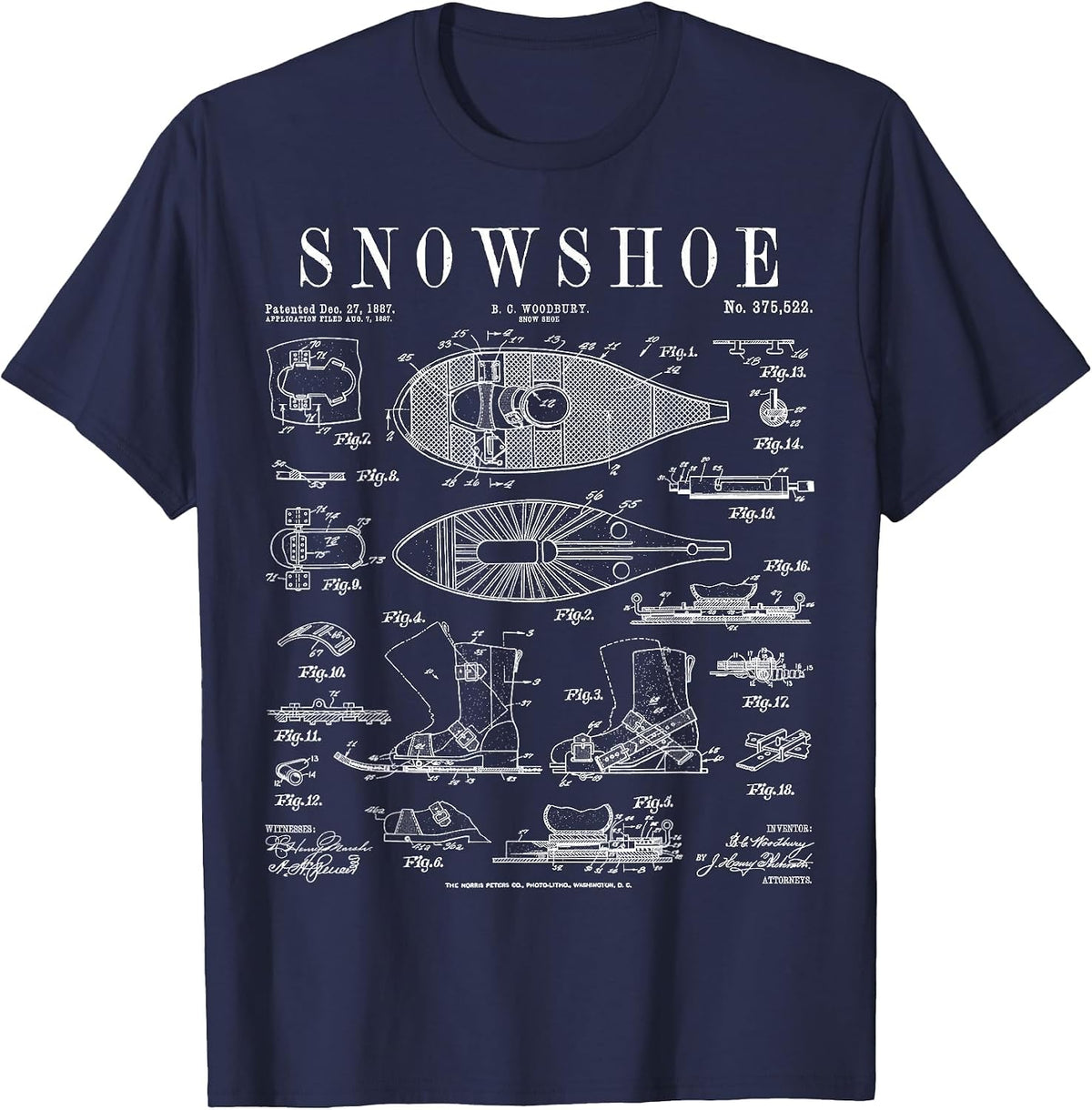 Snowshoe Snowshoeing Winter Hiking Vintage Patent Print T-Shirt - Navy Blue