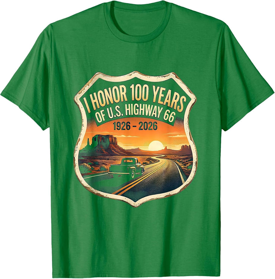Men's I Honor 100 Years Of U.S. Highway 66, 1926-2026 Vintage T-Shirt - Kelly Green