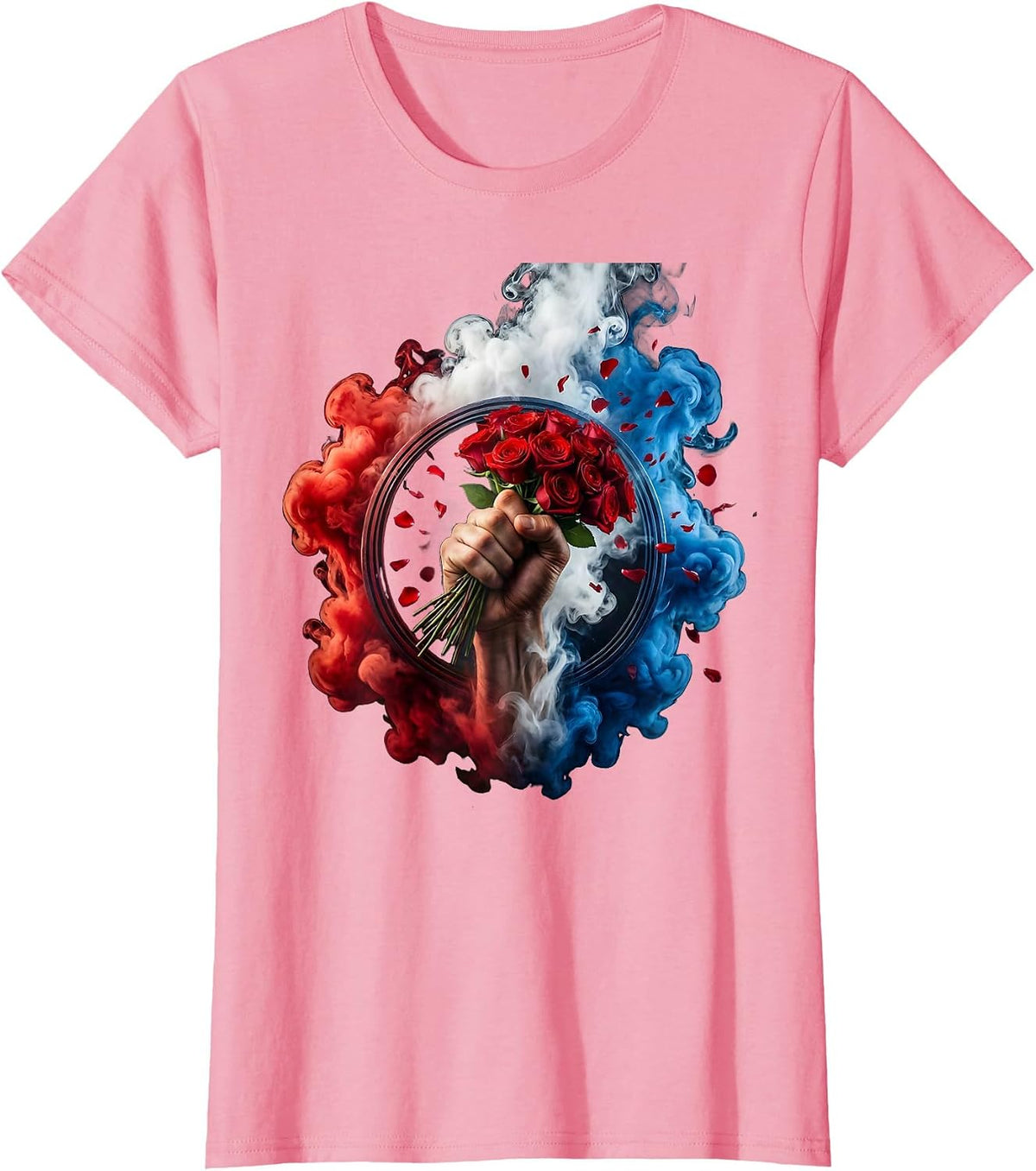 Women's Raised Fist Red Roses Patriotic Graphic Design T-Shirt - Pink