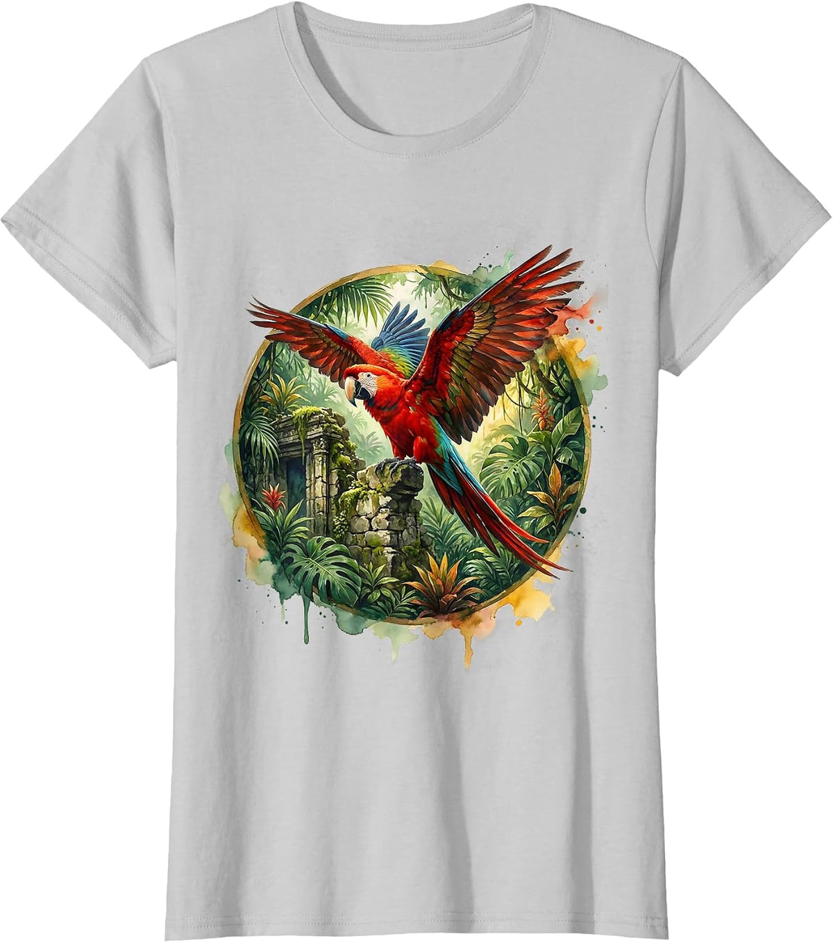 Macaw on Mossy Ruins Hispanic Heritage Month T-Shirt - Silver Grey