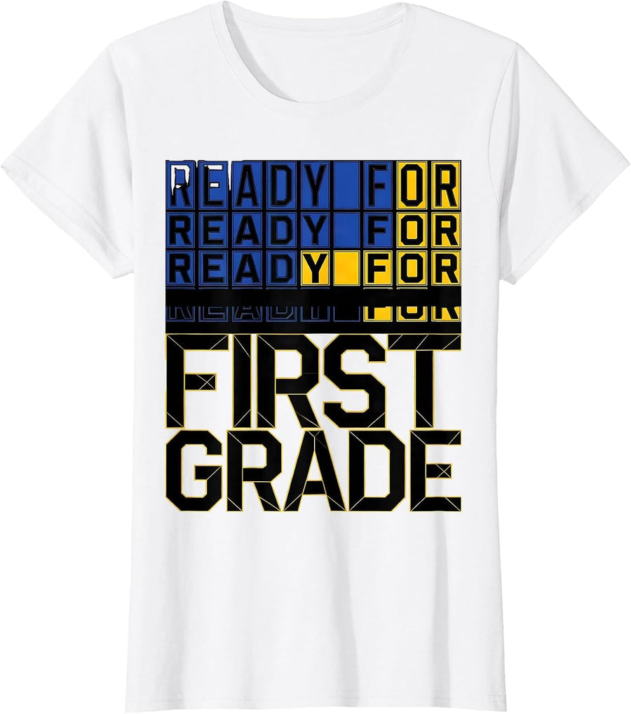 Women's Ready For First Grade Geometric Preppy First Grade Girl Back T-Shirt - White