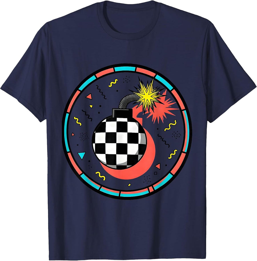 Black and White Checkered Bomb Sparkling Fuse Design T-Shirt - Navy Blue