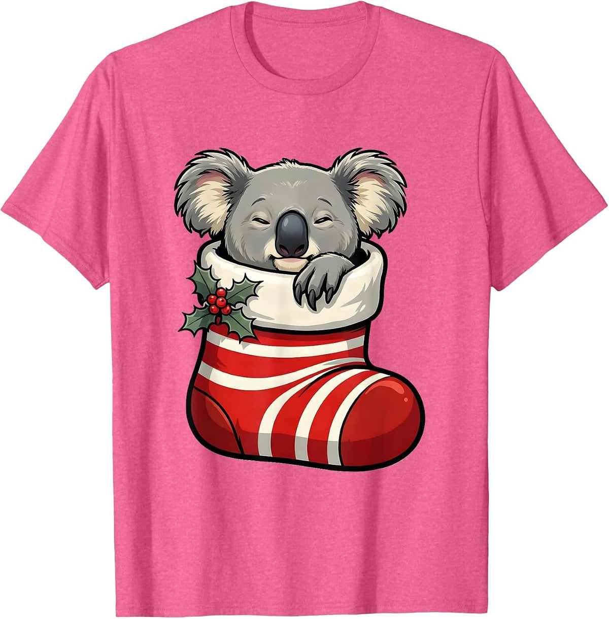 Koala In Christmas Stocking Cartoon Funny Novelty T-Shirt - Pink Heather