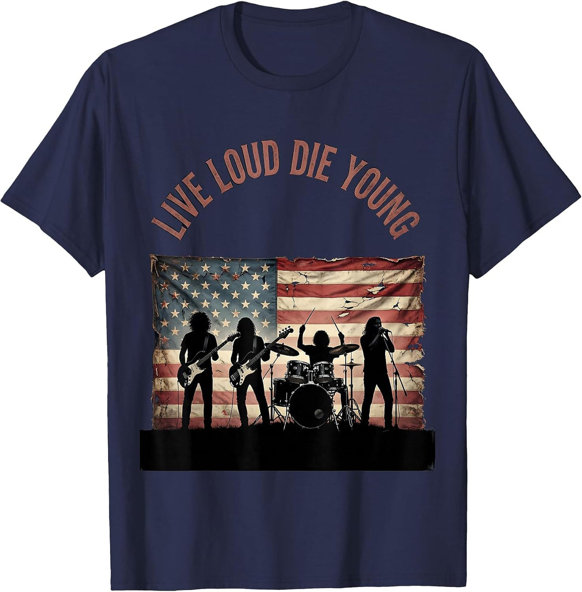 Live Loud Die Young Vintage Rock Band Design T-Shirt - Navy Blue