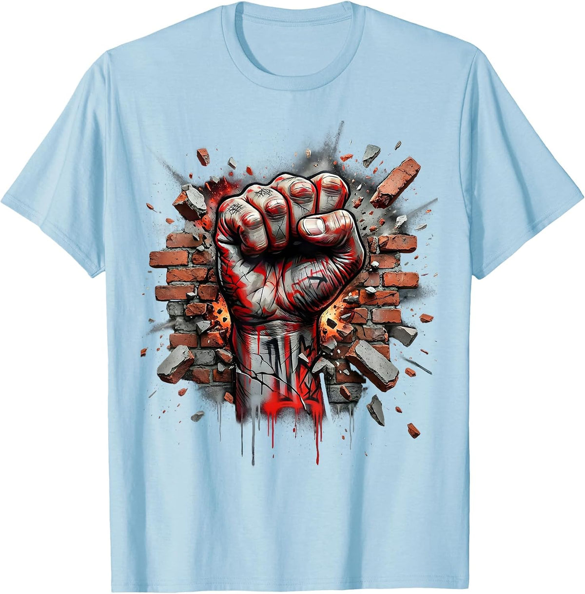 Punk Rock Fist Through Brick Wall Graphic Tee T-Shirt - Baby Blue